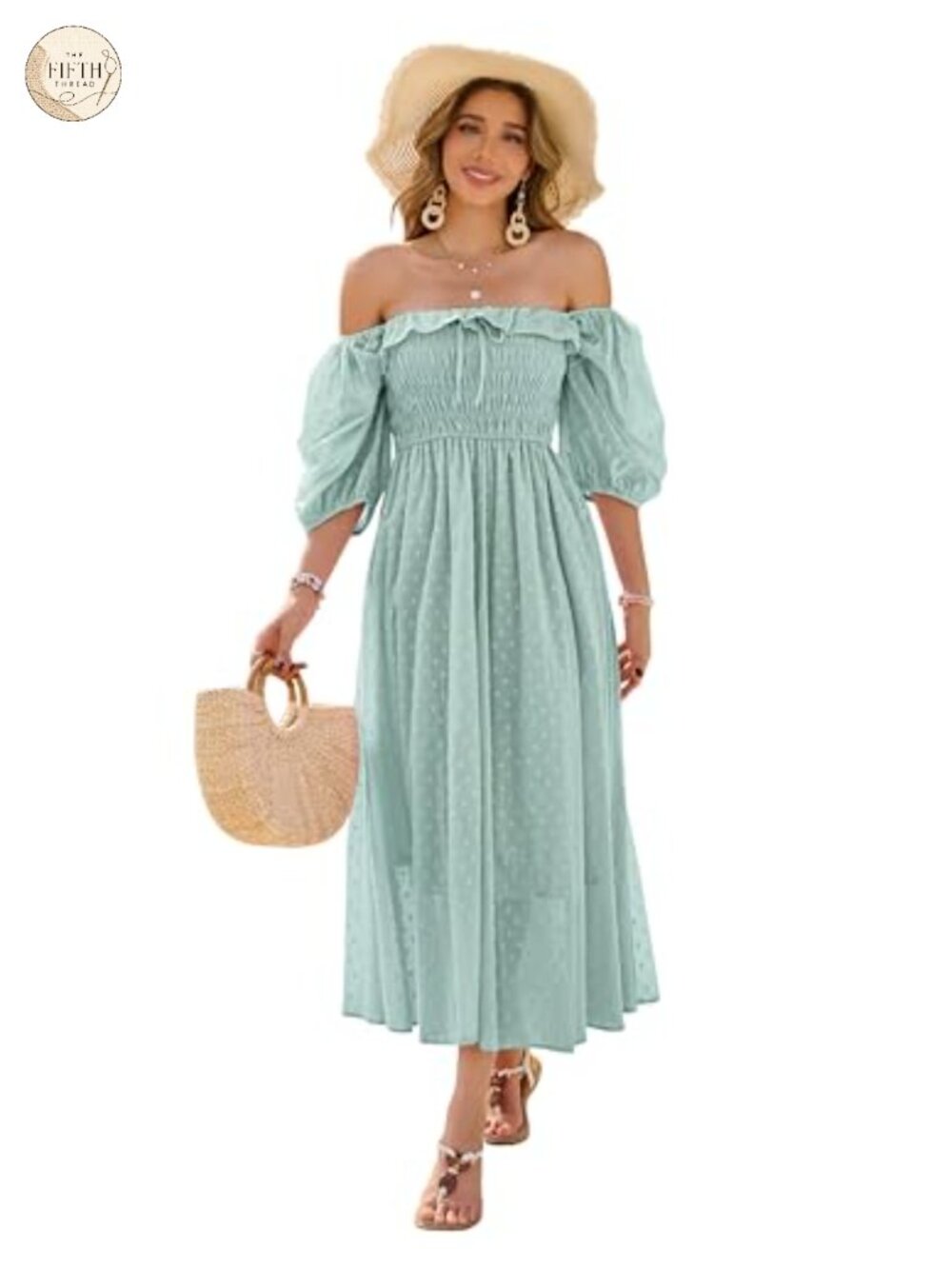 Cotton A-Line Midi Dress Backless Square Neck Puff Sleeve Flowy